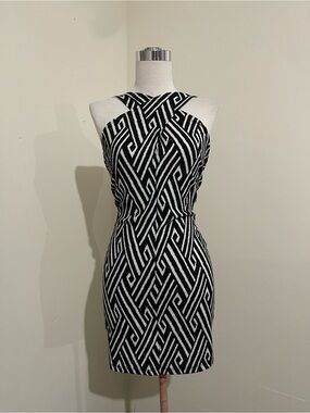 Black & White Geometric Halter Mini Dress